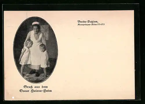 AK Berlin-Dahlem, Oscar Helene-Heim, Kronprinzen-Allee 171-173, Krankenschwester mit Kindern