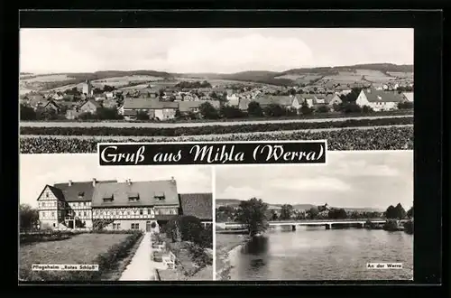 AK Mihla /Werra, Pflegeheim Rotes Schloss, An der Werra, Ortsansicht aus der Vogelschau