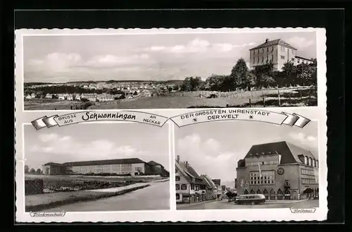 AK Schwenningen a. Neckar, Friedensschule, Rathaus, Ortsansicht aus der Vogelschau