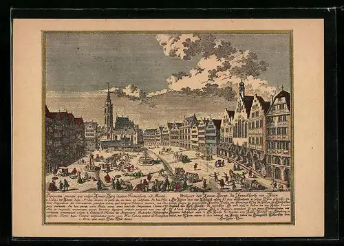 Künstler-AK Alt-Frankfurt, Römerberg mit Kirche und Brunnen