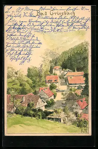 Künstler-AK Bad Griesbach bei Auerbach, Ortsansicht aus der Vogelschau