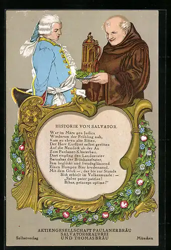 Künstler-AK München, AG Paulanerbräu, Salvatorbrauerei und Thomasbräu, Historie vom Salvator, Brauerei-Werbung