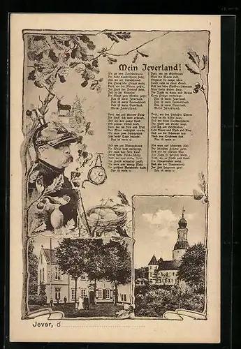 AK Jever, Lied Mein Jeverland!, Kirche, Portrait Hindenburg