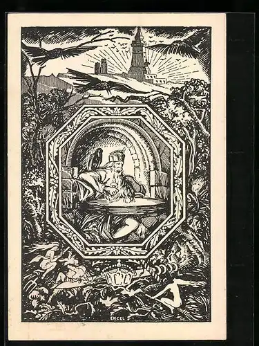 Künstler-AK Frankenhausen /Kyffh., Festpostkarte aus Anlass des 25 jährigen Bestehens des Kyffhäuser-Denkmals 1921