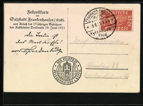 Künstler-AK Frankenhausen /Kyffh., Festpostkarte aus Anlass des 25 jährigen Bestehens des Kyffhäuser-Denkmals 1921