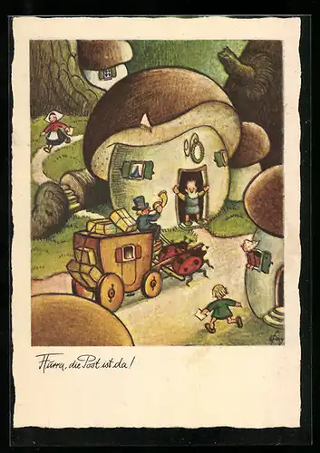 Künstler-AK sign. Ernst Fay: Hurra, die Post ist da!