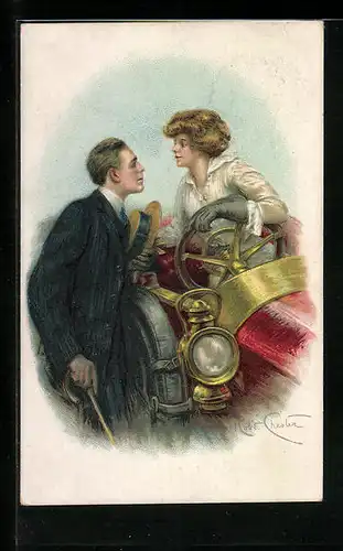 Künstler-AK sign. Robert Chester: Dame mit Handschuhen am Steuer eines Autos