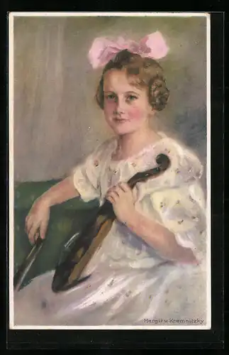 Künstler-AK sign. Margit von Kremnitzky: Mädchen mit Geige und rosa Schleife