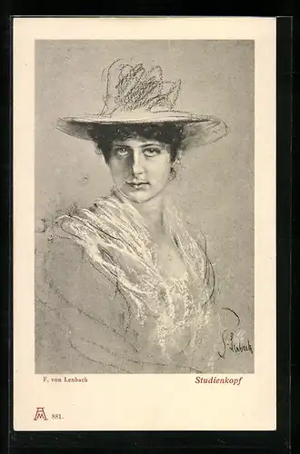 Künstler-AK sign. F. von Lenbach: Studienkopf, schöne Frau mit Hut im Portrait