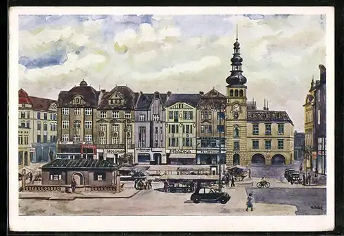 Künstler-AK Mähr.-Ostrau, Hauptplatz mit Geschäften