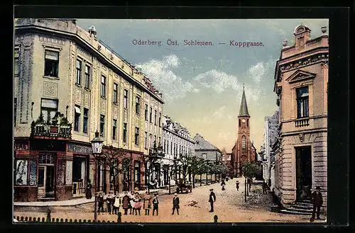 AK Oderberg /Öst. Schlesien, Strasse Koppgasse mit Kirche