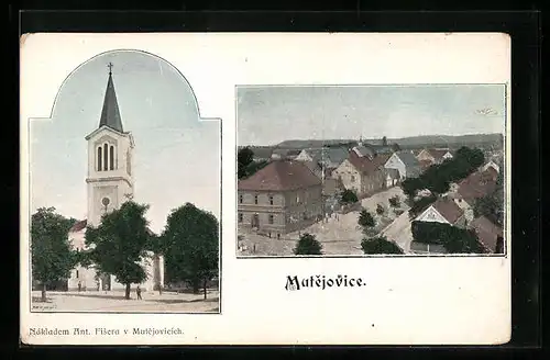 AK Mutejovice, Kirche, Strassenpartie mit Bäumen