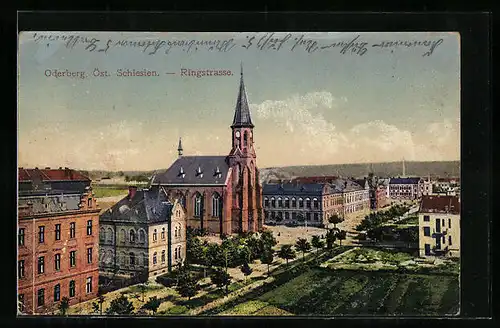 AK Oderberg /Öst. Schlesien, Ringstrasse mit Kirche