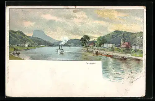 Lithographie Schandau, Uferpartie der Ortschaft