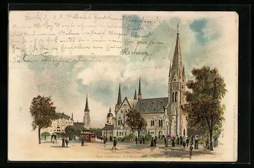 Lithographie Berlin-Kreuzberg, Kaiser Friedrich Platz u. neue Garnisonkirche