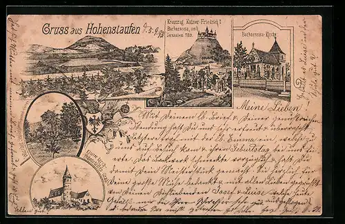 Vorläufer-Lithographie Hohenstaufen, Kreuzzug Kaiser Friedrich I., Barbarossa-Kirche 1893