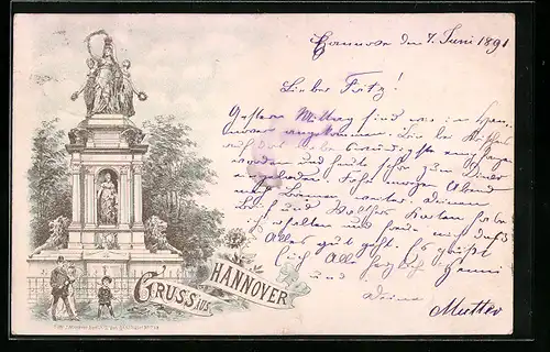Vorläufer-Lithographie Hannover, Blick zum Denkmal 1891