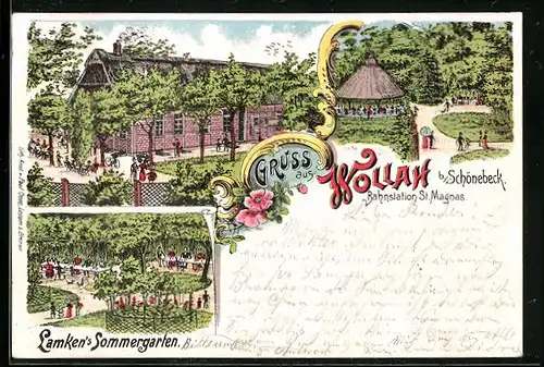 Lithographie Wollah b. Schönebeck, Gasthaus Lemken`s Sommergarten mit Terrasse