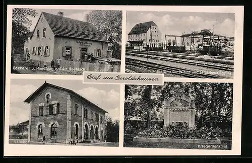 AK Geroldshausen, Steinwerke Wirths und Lagerhaus, Kriegerdenkmal, Bäckerei und Handlung Heunisch