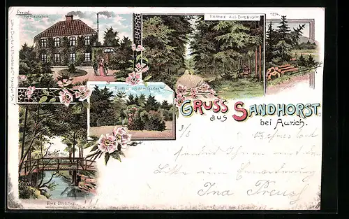 Lithographie Sandhorst, Partie aus dem Garten, Preusl Restaurant, Ehe-Brücke
