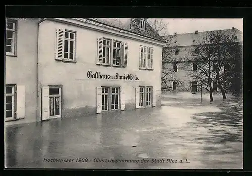 AK Diez a. L., Hochwasser, Gasthaus von Daniel Geis