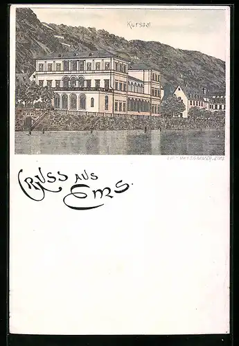 Lithographie Ems, Blick zum Kursaal