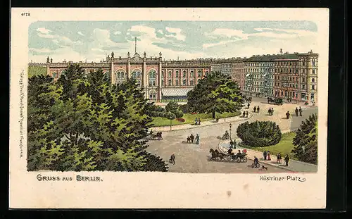 Lithographie Berlin-Friedrichshain, Küstriner Platz aus der Vogelschau