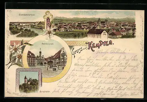 Lithographie Kempten, Burghalde, Eisenbahnbrücke, Rathausplatz
