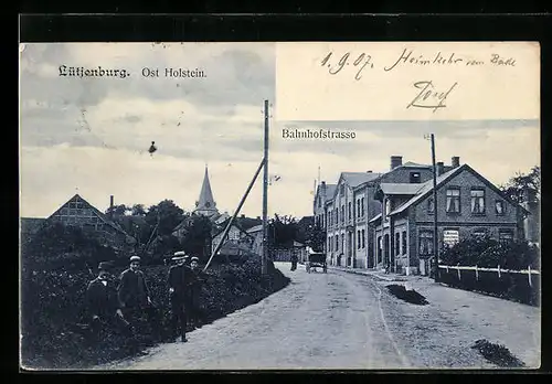 AK Lütjenburg, Partie an der Bahnhofstrasse mit Blick zum Kirchturm