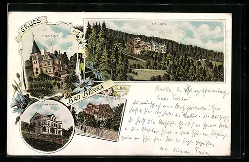 Lithographie Bad Berka /Ilm, Die Harth, Villa Alma, Villa Terrasse und Villa Amerikana