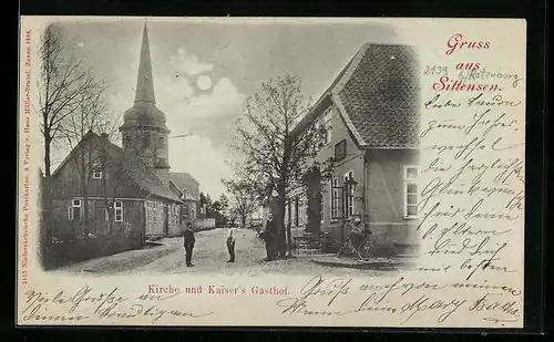 Mondschein-AK Sittensen, Kirche und Kaiser`s Gasthof