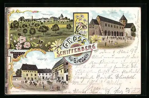 Lithographie Giessen, Partie am Schiffenberg, Innerer Hof, Kapelle, Panorama