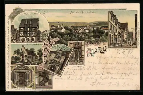 Lithographie Alsfeld, Totalansicht v. Friedhof aus, Rathaus, Barocktür, Obere Mainzergasse, Rittergasse