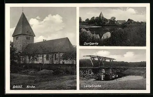 AK Basse, Kirche, Leinebrücke, Dorfpartie