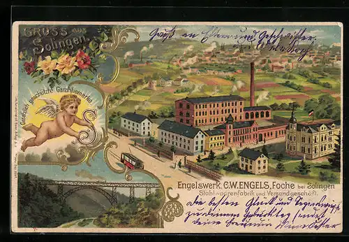 Lithographie Foche bei Solingen, Engelswerk C. W. Engels Stahlwarenfabrik & Versandgeschäft, Kaiser Wilhelm Brücke