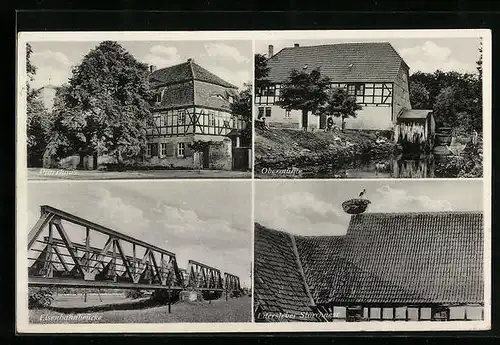 AK Edersleben-Helme, Pfarrhaus, Eisenbahnbrücke, Obermühle, Storchnest