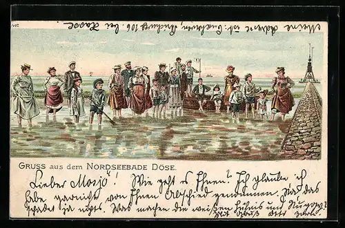 Lithographie Döse, Besucher am Strand