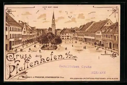 Holzbrand-Imitations-AK Pfaffenhofen a. Ilm, Blick über den Marktplatz