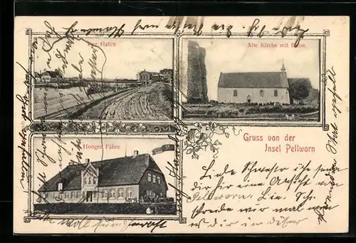 AK Pellworm, Der Hafen, Hooger Fähre, Alte Kirche mit Ruine