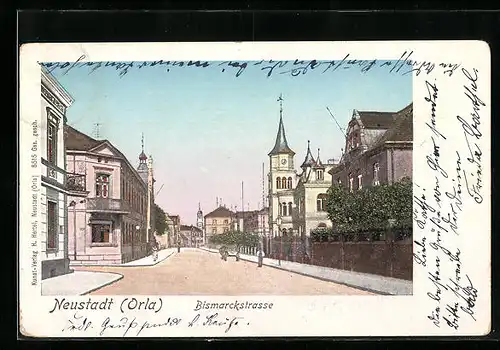 Goldfenster-AK Neustadt a. Orla, Bismarckstrasse, Gebäude mit leuchtenden Fenstern