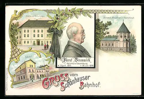 Lithographie Schönhausen, Bahnhof, Bismarcks Geburtshaus, Bismarck-Mausoleum in Friedrichsruh, Porträt Bismarck