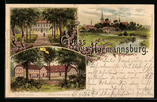 Lithographie Hermannsburg, Altes Missionshaus mit Missionshandlung, Neues Missionshaus, Ortsansicht