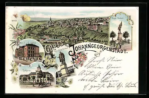 Lithographie Johanngeorgenstadt, Totalansicht, Neue Schule, Krieger-Denkmal, Rathaus