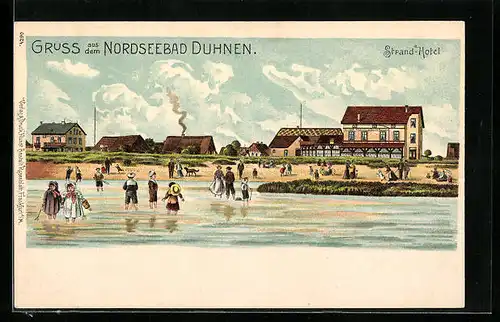 Lithographie Duhnen, Strand-Hotel mit Badegästen