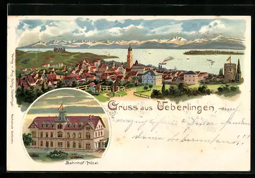 Lithographie Ueberlingen, Bahnhof-Hotel, Panoramablick auf Ort und See