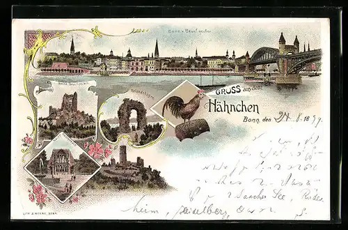 Lithographie Bonn, Ruine Drachenfels, Gasthaus Hähnchen