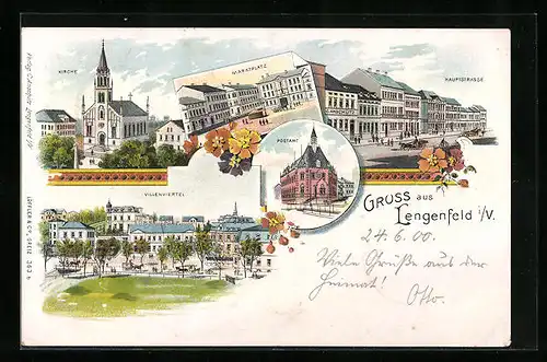 Lithographie Lengenfeld i. V., Hauptstrasse mit Geschäft von C. Anschütz, Postamt, Kirche