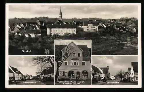AK Binsdorf, Gemischt-Warengeschäft von Agathe Schadle, Strassenpartie, Teilansicht