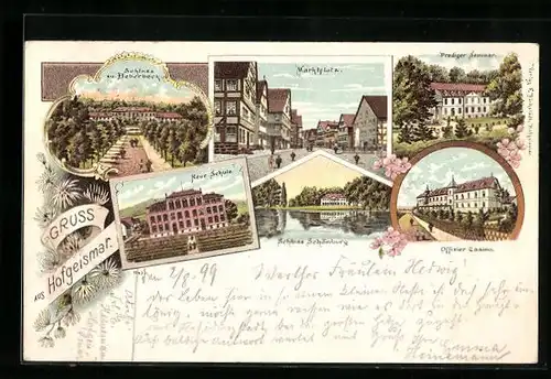 Lithographie Hofgeismar, Schloss zu Beberbeck, Neue Schule, Prediger Seminar