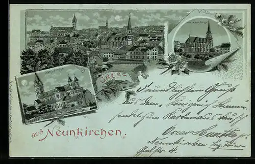 Mondschein-Lithographie Neunkirchen, Teilansicht, Untere evangelische Kirche, Katholische Kirche
